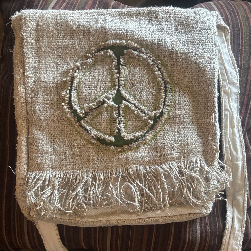 Handcrafted Beige Crossbody Bag with Peace Symbol